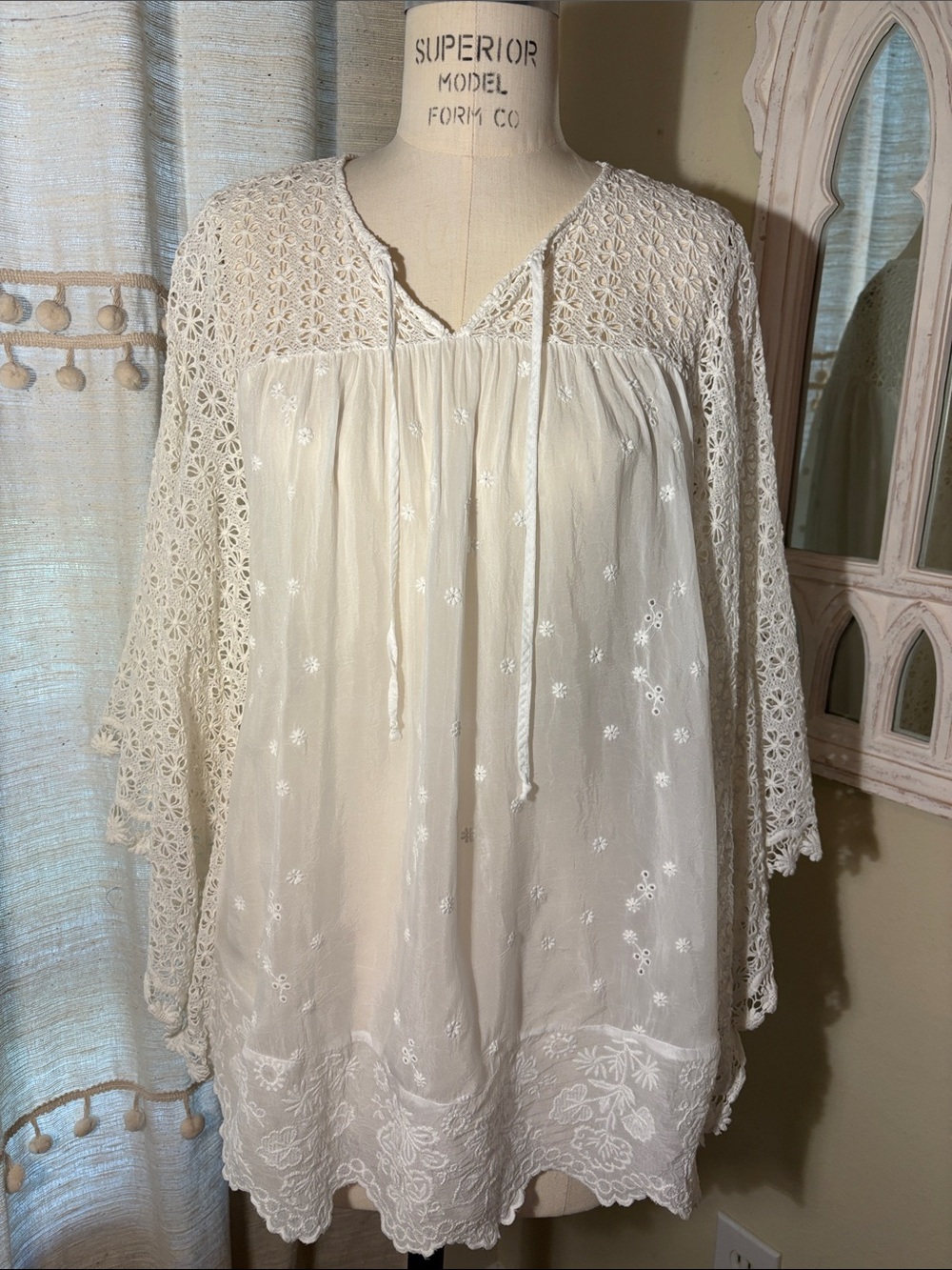 Johnny Was Cream Embroidered Crochet Blouse